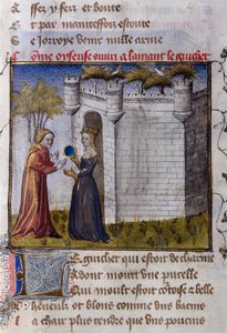 Uma cena galante entre dois amantes: a rapariga convida o seu amante a entrar. Miniatura de "" Le Romanesque de la Rose "" de Guillaume de Lorris