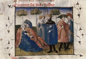 Uma cena galante de cortesãos, miniatura em "Roman de la Rose" de Guillaume Lorris