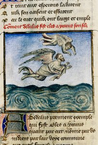 “" Dedale e Ícaro "" (Ícaro e Dédalo) Para fugir para Minos, Dedale empurra seu filho Ícaro para longe, graças às suas asas de cera. Miniatura de Guillaume Lorris do manuscrito "" O Romano da Rosa "".