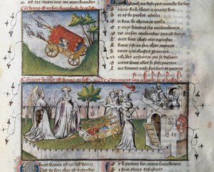 Como Vénus chega e invade o castelo construído por ciúmes, Miniatura de Guillaume Lorris do manuscrito Le Romanesque de la Rose,