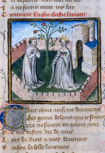 Representação de um casal de amantes perto de uma rosa, miniatura em "Roman de la Rose".