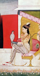 Senhora com um falcão, estilo Pahari, Punjab Hills, c.1750 (pintura em papel) de Guler School