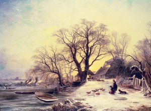 Figuras fora de uma cabana no inverno de Gustaf Fredrik Rydberg