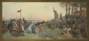 Saint Anschaire (Anschaire de Breme, Oscar ou Ansgar, 801-865) prechant le christianisme - Ansgar Pregando o Cristianismo, de Cederstroem, Gustaf (1845-1933). Óleo sobre tela