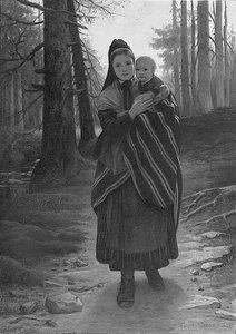 Mãe e filho em um caminho arborizado (óleo sobre tela colocado a bordo) de Gustav Adolph Spangenberg