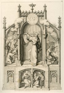 Lutero não quer dar indulgências, à esquerda: Johann Tetzel (1465-1519) está a queimar os documentos de Lutero, a imagem principal: Lutero pendura as suas 95 teses na porta da igreja de Wittenberg, à direita: estudantes da universidade de Wittenberg a quei de Gustav Ferdinand Leopold Konig