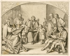 A introdução de Lutero na religião protestante alemã, juntamente com os seus filhos e amigos, sob a direção de Johannes Walther (1496-1570) de Gustav Ferdinand Leopold Konig