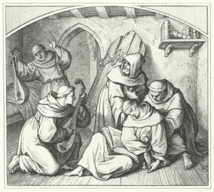 Martinho Lutero desmaia com uma Bíblia na mão e seus amigos o trazem de volta à razão (gravura) de Gustav Ferdinand Leopold Konig