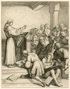 Martinho Lutero dá aulas na universidade de Wittenberg, tendo à sua frente o vice-reitor Dr. Pollich e o seu amigo paternal Johann von Staupitz (1460-1524) de Gustav Ferdinand Leopold Konig