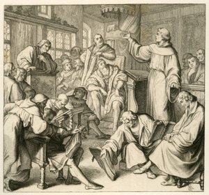 Martinho Lutero em discussão com o Dr. Johannes Eck (Johann Maier von Eck) (1486-1543), do lado de Lutero está Philipp Melanchthon (1497-1560) e Karlstadt (Andreas Rudolf Bodenstein von Karlstadt de Gustav Ferdinand Leopold Konig