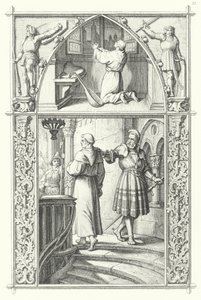 Martinho Lutero em oração enquanto se prepara para a Dieta das Minhocas (topo). Georg von Frundsberg dá encorajamento a Martinho Lutero (em baixo) (gravação) de Gustav Ferdinand Leopold Konig