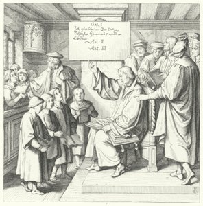 Martinho Lutero apresenta o Catecismo às crianças em idade escolar (gravura) de Gustav Ferdinand Leopold Konig