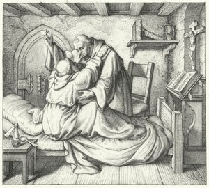 Martinho Lutero é consolado por um companheiro monge durante o seu tormento espiritual no mosteiro (gravura) de Gustav Ferdinand Leopold Konig