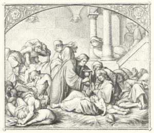 Martinho Lutero oferecendo conforto aos que sofrem da peste (gravura) de Gustav Ferdinand Leopold Konig