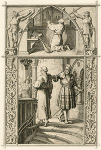 Martinho Lutero prepara-se com uma oração para o encontro com o imperador (imagem acima); imagem principal: Lutero encontra-se com o cavaleiro George (Georg) von Frundsberg (Jorg von Fronsberg, Freundsbergin de Gustav Ferdinand Leopold Konig