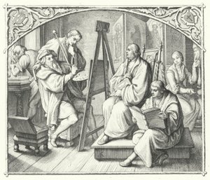 Martinho Lutero senta-se para uma pintura de Lucas Cranach, o Ancião (gravura) de Gustav Ferdinand Leopold Konig
