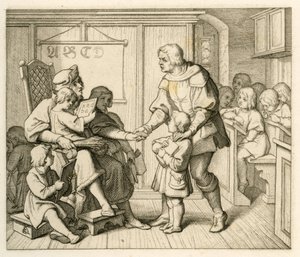 Matrícula de Martinho Lutero na escola em Mansfeld, nesta ilustração juntamente com o seu pai Hans de Gustav Ferdinand Leopold Konig