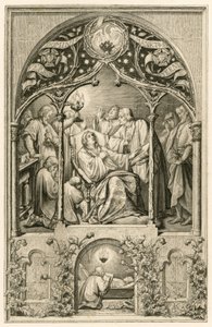 A morte de Martinho Lutero, os dois filhos de Lutero, ajoelhados em frente do pai, o Dr. Justus Jonas diz as últimas palavras, atrás deles Michael Coelius a rezar, Johannes Aurifaber com um candelabro, o médico Simon Wild com medicamentos e à direita o con de Gustav Ferdinand Leopold Konig
