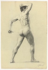 Nu masculino de costas, c.1880 (lápis com giz branco sobre papel) de Gustav Klimt