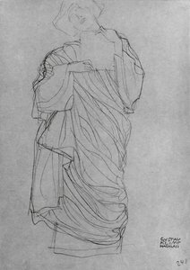 Robed Standing Woman Holding Card, (lápis em papel pardo) de Gustav Klimt