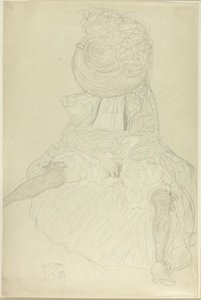 Mulher sentada de frente com chapéu, rosto com capuz de Gustav Klimt