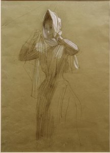 Jovem de pé, colocando um lenço na cabeça de Gustav Klimt