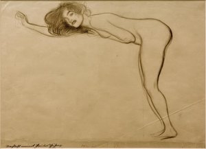 Garota de pé agir com o corpo dobrado para a esquerda de Gustav Klimt