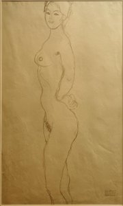 Permanente nu feminino para a esquerda, a mão no ... de Gustav Klimt