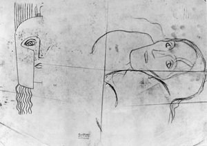 Estudos para Ver Sacrum 1900 - Pallas Athene e Tragic Head, 1897-98 (lápis e lápis azul sobre papel vegetal) de Gustav Klimt