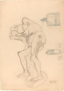 Estudo de uma velha nua cerrando os punhos e dois objetos decorativos de Gustav Klimt