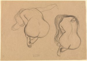 Dois estudos de um nu sentado com cabelo comprido de Gustav Klimt