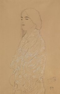 Mulher com um xale branco (lápis com giz colorido branco e vermelho no papel) de Gustav Klimt