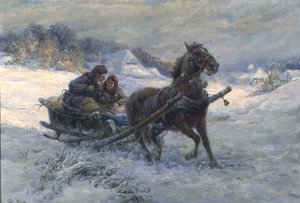 Sleigh Ride in the Winter (óleo sobre painel) de Gustav Prucha