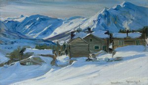 Quinta de montanha em paisagem de neve de Gustav Wentzel