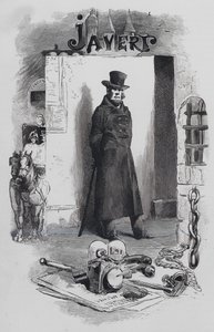 Cena de Les Miserables, de Victor Hugo: Javert, o detective (gravura) de Gustave (after) Brion