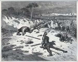 Moralising on Ingratitude de Dom Quixote - de "Dom Quixote de la Mancha" de Miguel Cervantes (1547-1616) (Dom Quixote) - Lenhador após desenho de Gustave Dore de Gustave (after) Dore