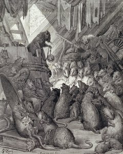 O Conselho Detido pelos Ratos, das Fábulas de La Fontaine, gravado por Antoine Valerie Bertrand (b.1823) c.1868 (gravura) de Gustave (after) Dore