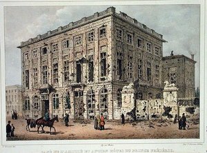 O Café Amitie e o Antigo Hotel du Prince Frederic, Bruxelas, após a Luta de 23-26 de Setembro de 1830, gravado por Jean Baptiste Madou (1796-1877) (gravura a cores) de Gustave Adolphe (after) Simoneau