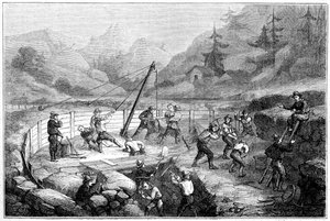 Escavação e lavagem de areias no fundo de um rio, Califórnia, século XIX. de Gustave Adolphe Chassevent Bacques