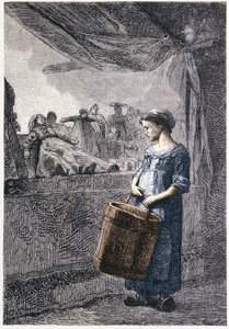 Cosette em frente à loja de brinquedos - em "Les Misérables" de Victor Hugo, doente. por Brion, ed. Hetzel e Lacroix de Gustave Brion