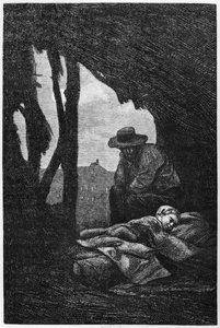 Jean Valjean observando Cosette dormindo, ilustração de &39;Les Miserables&39; de Victor Hugo de Gustave Brion