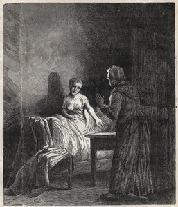 Marguerite entra no quarto de Fantine e Fantine mostra-lhe dois Napoleões (moeda) que podem salvar Cosette, sua filha - Ilustração de Gustave Brion (1824-1877) para "The Miserables - First part": Fantine" de Victor Hugo (1802-1885) 1862 de Gustave Brion