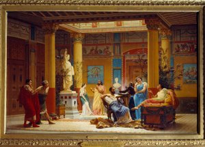 A repetição do "Tocador de Flauta..." e "La Femme de Diomede" no átrio da Maison Pompeienne, em Paris, pelo Príncipe Napoleão, em 1860. Pintura de Gustave Boulanger (1824-1888)