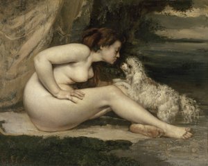 Mulher nua com um cachorro