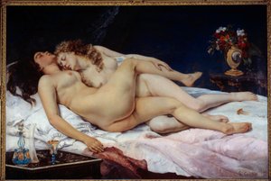 Dormir. Duas mulheres nuas abraçadas numa cama.