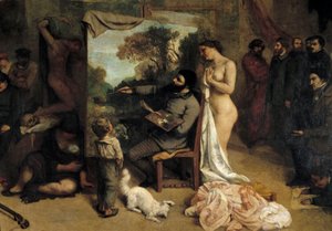 A Oficina do Pintor. Allegorie Reelle determinando uma fase de sete anos da minha vida artística (e moral) Detalhe retratando a pintora envolve suas duas fontes de inspiração, uma criança simbolizando a ingenuidade e uma mulher nua. Pintura de Gustave Cour