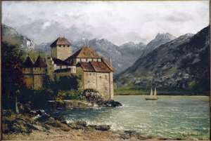 Vista do Castelo de Chillon no lago de Genebra (óleo sobre tela de Gustave Courbet