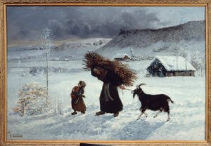 Pobreza da aldeia, Ornans. Uma camponesa e sua filha trazem pão, beliches de madeira e uma cabra como provisão de inverno. Pintura de Gustave Courbet (1819-1877) Sol do século XIX. 1,26 X 0,85 m. Coleção Particular de Gustave Courbet