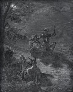 Um discurso noturno - de "Dom Quixote de la Mancha" de Miguel Cervantes (1547-1616) (Dom Quixote) - Corte de madeira após desenho de Gustave Dore de Gustave Dore