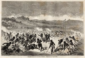 Um jogo de bola entre os índios Choctaws, tribo da região do Mississippi, desenhado por Gustave Dore (1832-1883), para ilustrar a viagem do Mississippi ao Oceano Pacífico em 1853-54 por Baudouin Mollhausen (1825-1905). Gravura em "Le tour du monde, nouveau de Gustave Dore